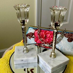 VINTAGE 3” Square MARBLE BASE 7” ORNATE SILVER METAL AND GLASS TOP CANDLESTICKS